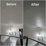 before and after photos of a repaired ceiling