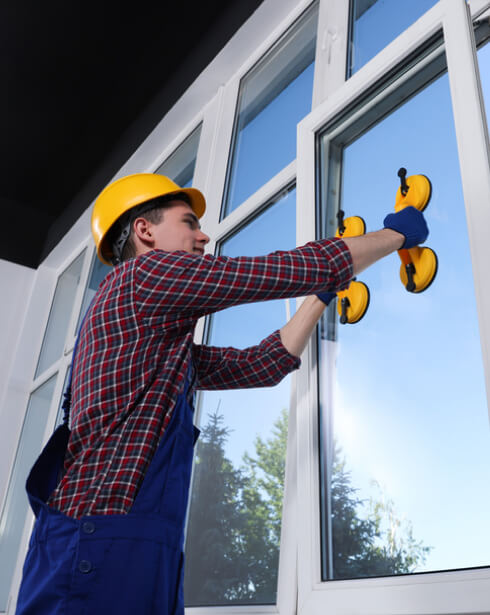 Worker using suction lifters to check newly replaced glass window