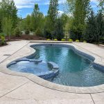 Curved swimming pool with attached spa on a concrete patio, surrounded by lush green trees and shrubs under a clear blue sky