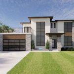 3-D rendering showing facade of a modern house with plain landscape