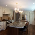 all white kitchen design with cabinets, sinks, bar, stools, etc.