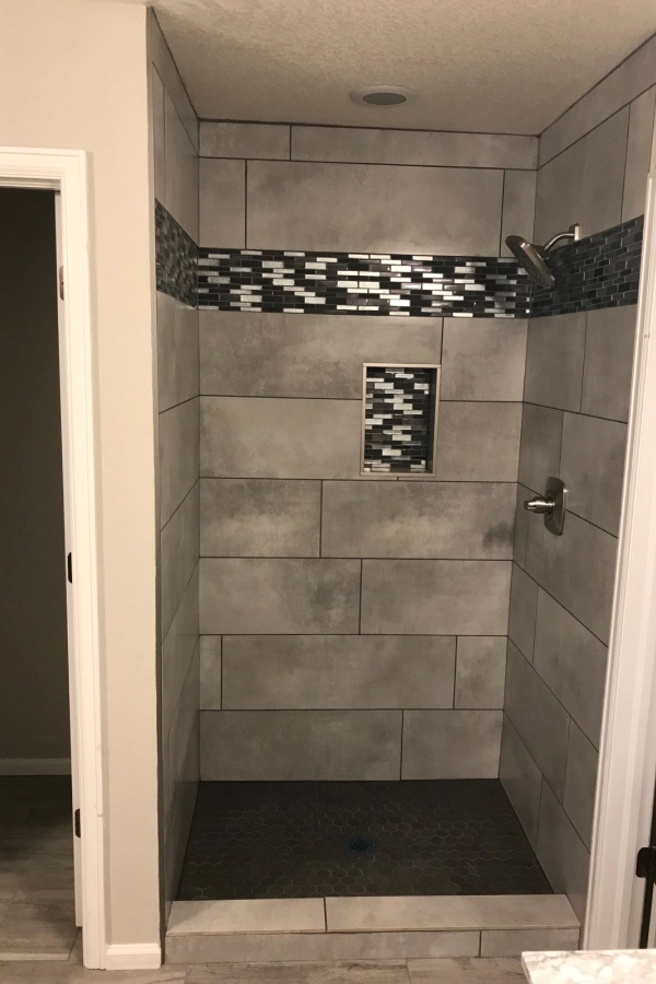 The cabinets are a light wood finish